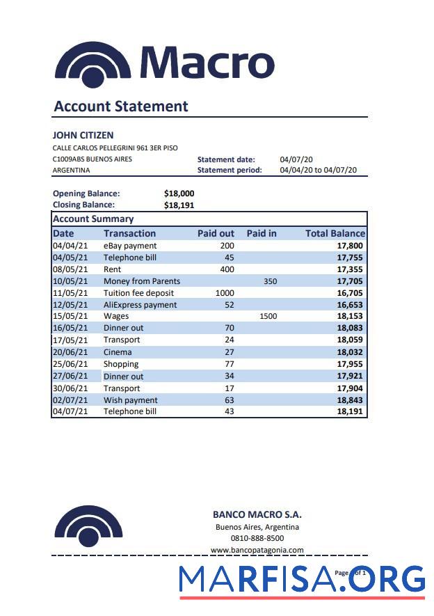 Realistic Argentina Banco Macro S. A. bank statement excel real example
